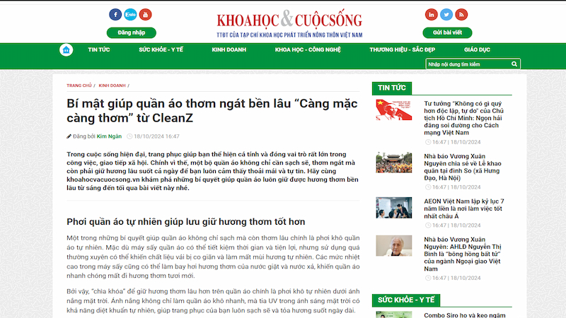 Báo Khoa Học & Cuộc Sống nói về nước giặt CleanZ