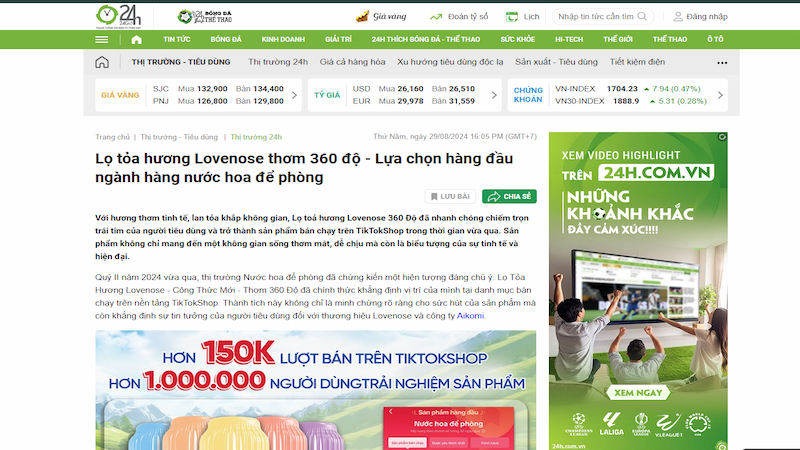 Báo 24h.com.vn nói về lọ tỏa hương Lovenose