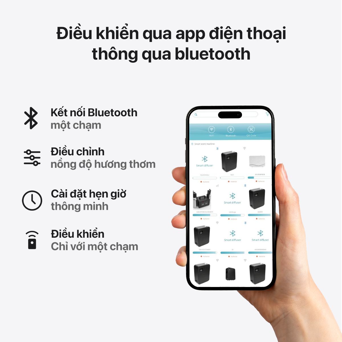 Điều khiển máy khuếch tán AP30 đơn giản và tiện lợi qua điện thoại và Bluetooth